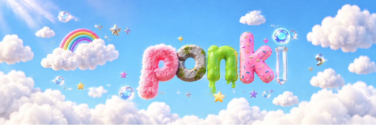 Colorful sculptural ponki lettering among clouds, a rainbow, stars, and iridescent bubbles in a bright blue sky